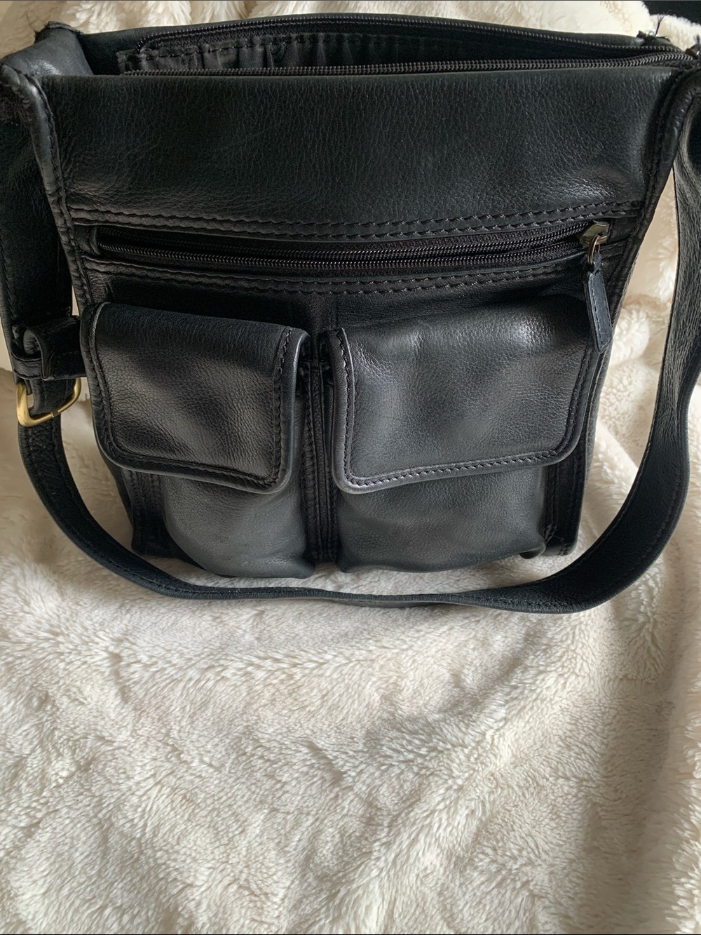 Fossil Black Leather Messenger Bag with Front Pocket Duo